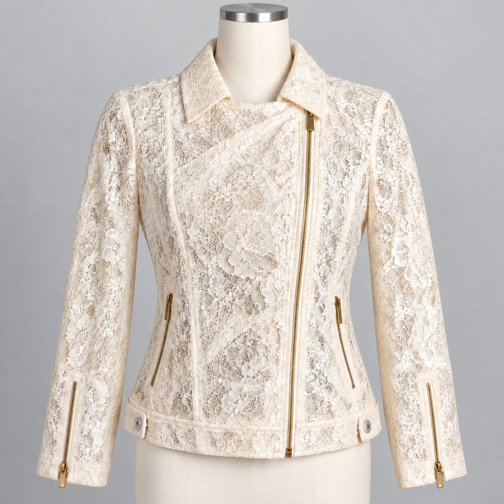 Vicky Tiel Ivory Lace Moto Jacket Women's Large L NWT Floral Zip Front